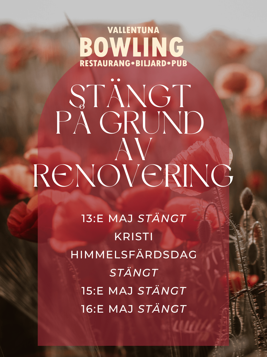 Stängt över Kristi Himmelsfärd på grund av renovering
